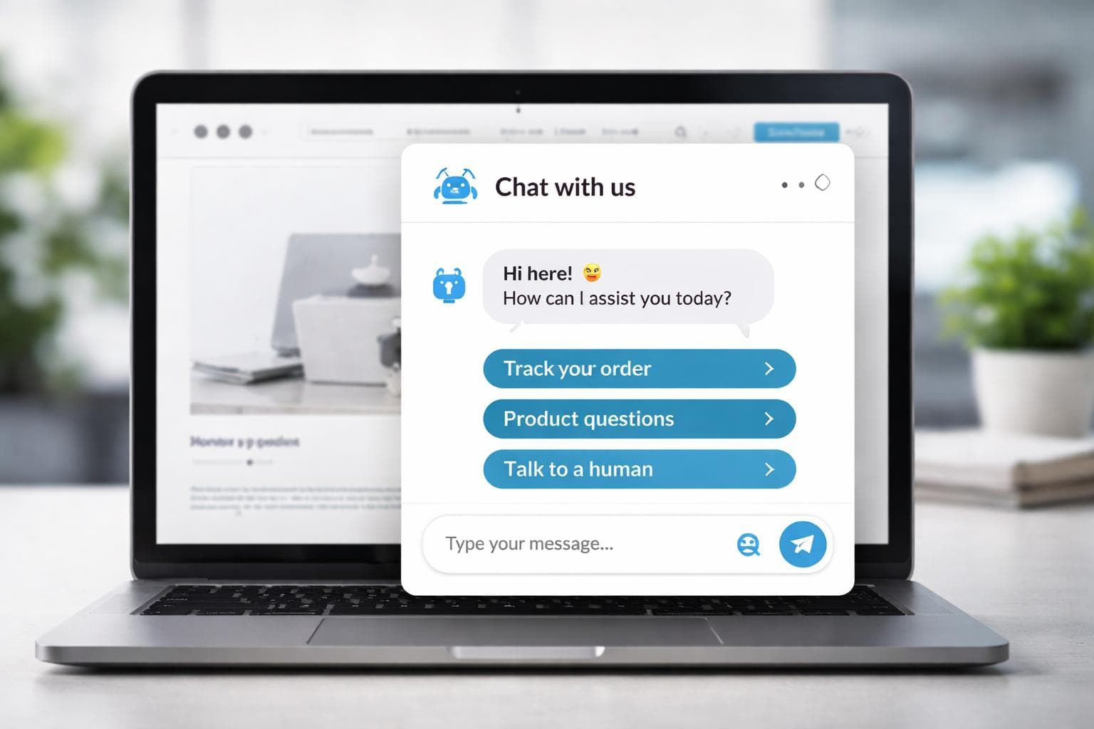 AI chatbot assisting a visitor on a business website.SEO focus: AI chatbot implementation, business website chatbot, AI customer support.