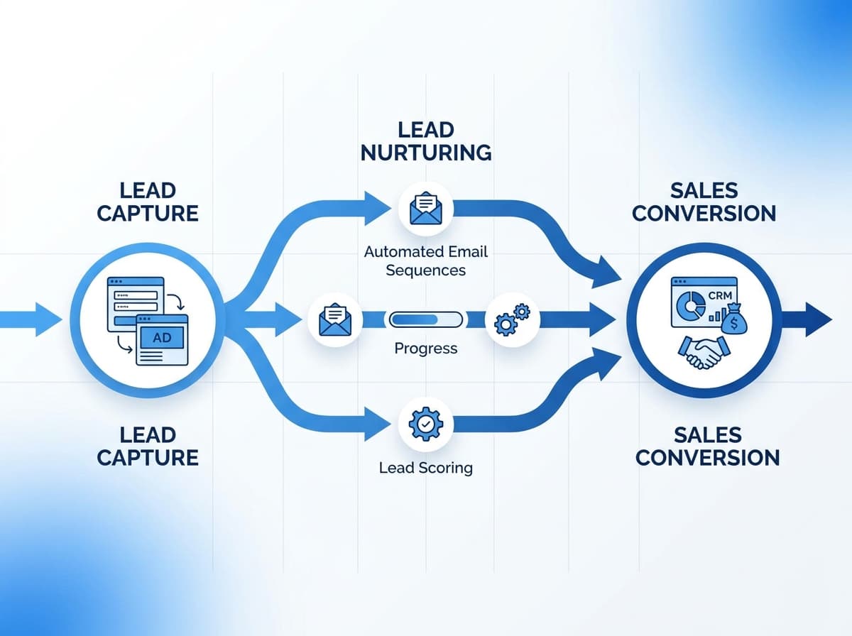A visual diagram showing a marketing automation workflow process from lead capture to sales conversion.