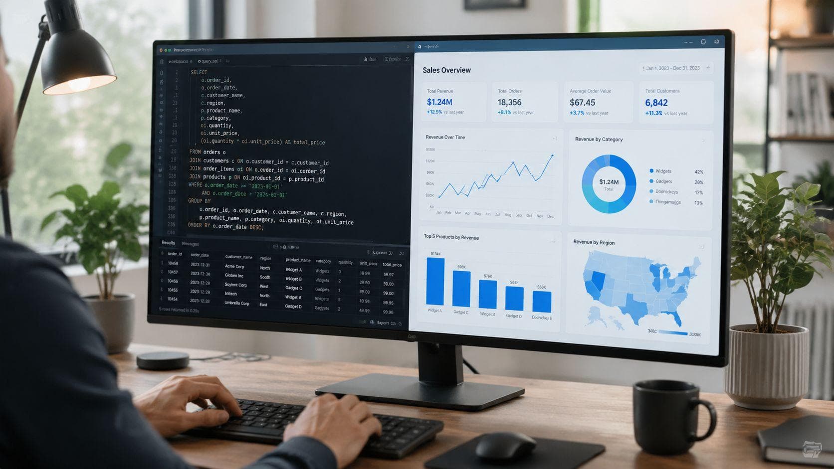 Alt text: Software developer comparing application code and a business dashboard.  SEO focus: custom software vs off-the-shelf software, business software development, custom applications.