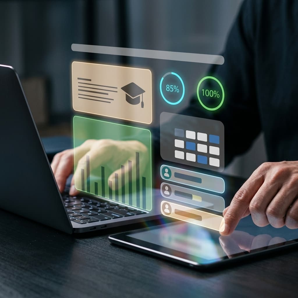 A professional using a laptop displaying an interactive online education and course analytics dashboard.
